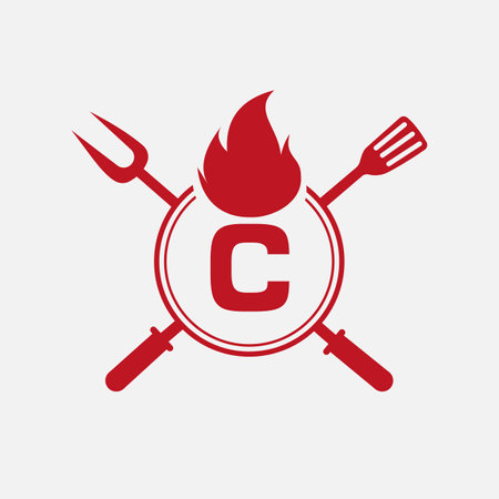 Letter C Restaurant Logo with Grill Fork and Spatula Icon. Hot Grill Symbolのイラスト素材