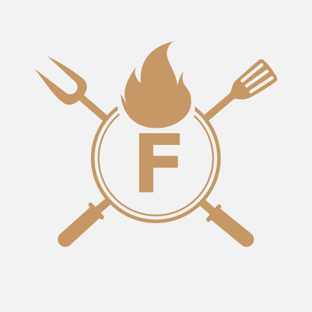 Letter F Restaurant Logo with Grill Fork and Spatula Icon. Hot Grill Symbolのイラスト素材
