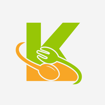 Letter K Restaurant Logo Combined with Fork and Spoon Iconのイラスト素材