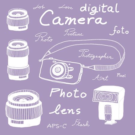 Digital camera drawing sketch on purple color backgroundの写真素材