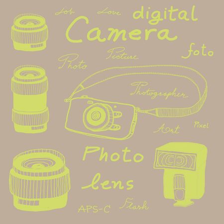 Digital camera drawing sketch on color backgroundの写真素材