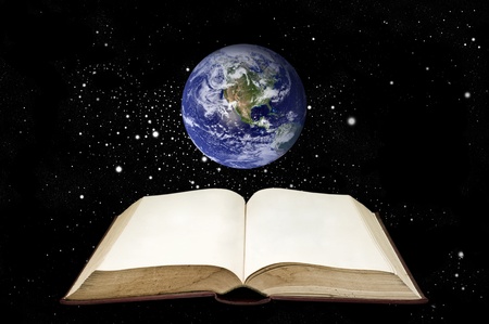Old book with the earth in space area (Clouds&Topography maps come from httpvisibleearth.nasa.gov)の写真素材