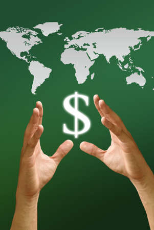 Hand hold Dollar icon with world map background, Make money conceptの写真素材