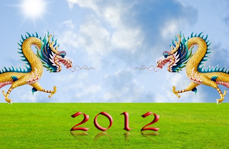 Golden dragon flying over the fields with 2010 year number, New year backgroundの写真素材