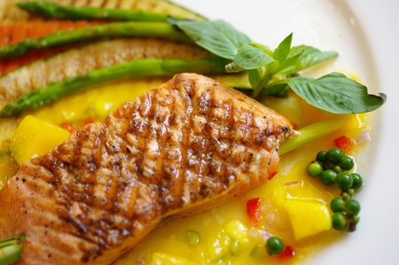 Grilled Salmon steak with mango sauce