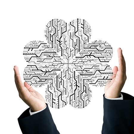 Businessman protect the circuit board in heart shape patternの写真素材