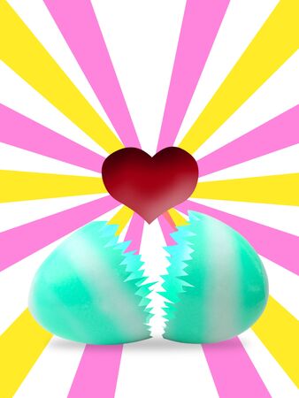 Easter egg with red heart inside with colorful lighting shineの写真素材