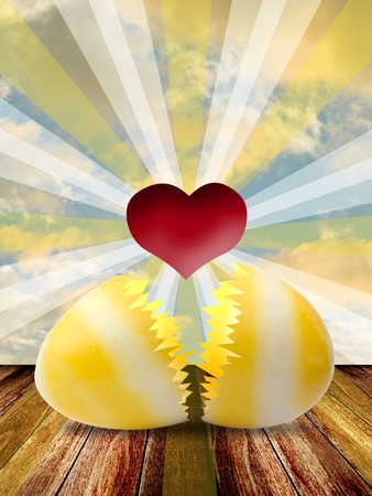 Red heart inside easter egg with lighting shineの写真素材