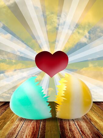 Red heart inside easter egg with lighting shineの写真素材