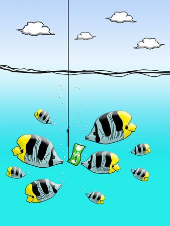 Dollar cash on fishing hook with fish encloseの写真素材