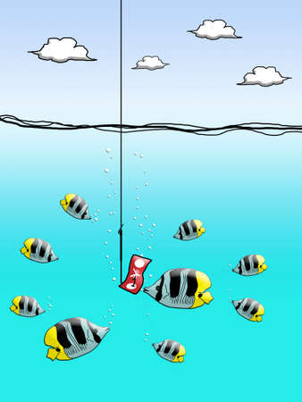 Yen cash on fishing hook with fish encloseの写真素材