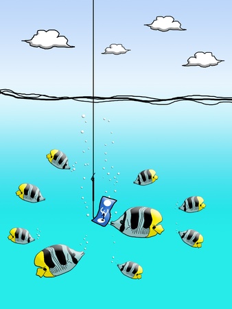 Pound sterling cash on fishing hook with fish encloseの写真素材