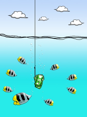 Dollar cash on fishing hook with fish encloseの写真素材