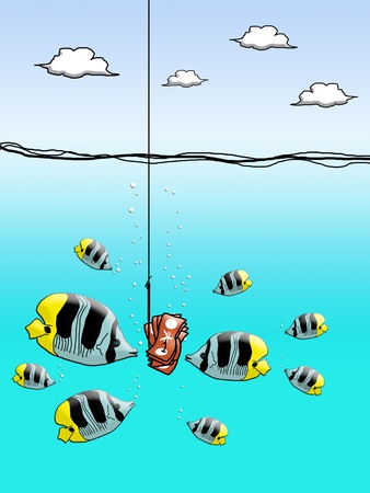 Yen cash on fishing hook with fish encloseの写真素材