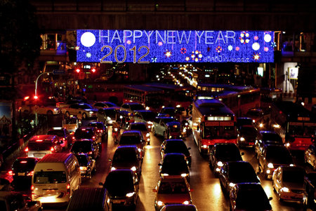 Bangkok, Thailand-December 23 : Traffic jam at Ratchphashong junction on December 23, 2011 in...