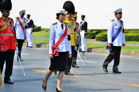BANGKOK, THAILAND - APRIL 9 : Prime Minister, Yingluck Shinawatra marching  on April 9, 2012  in The...