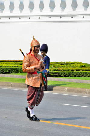 BANGKOK, THAILAND - APRIL 9 : Soldiers in Vintage suit marching on April 9, 2012  in The Royal Funeral of HRH Princess Bejaratana Rajasuda of Thailandのeditorial素材