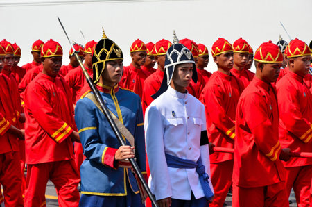 BANGKOK, THAILAND - APRIL 9 : Soldier in vintage suit  carry spear marching  on April 9, 2012  in The Royal Funeral of HRH Princess Bejaratana Rajasuda of Thailandのeditorial素材