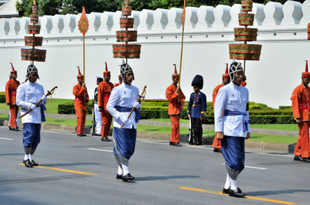 BANGKOK, THAILAND - APRIL 9 : Soldier in vintage suit carry sword on April 9, 2012  in The Royal Funeral of HRH Princess Bejaratana Rajasuda of Thailandのeditorial素材