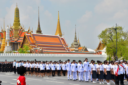 BANGKOK THAILAND - APRIL 9 : Student parade on April 9, 2012  in The Royal Funeral of HRH Princess Bejaratana Rajasuda of Thailandのeditorial素材