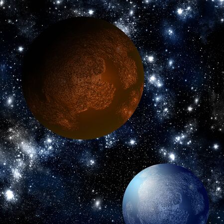 Blue planet with red moon の写真素材