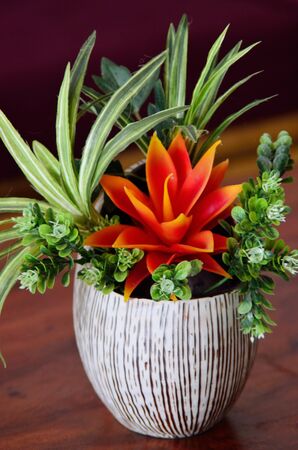 Flower vase on wooden tableの写真素材