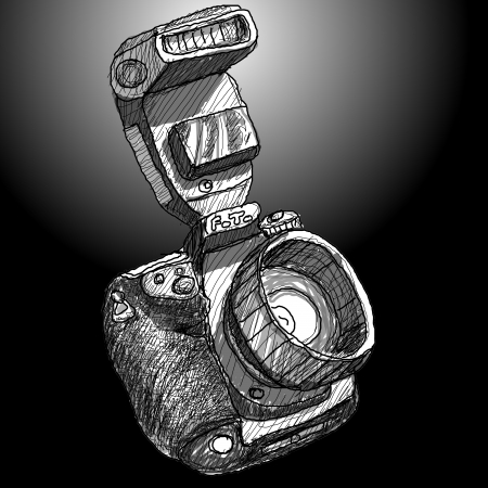 Digital SLR camera sketchs on black backgroundの写真素材