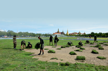 BANGKOK, THAILAND - AUGUST 25 : Military renovate The royal field (Sanam Luang) on 25 August 2012 at Bangkok, Thailandのeditorial素材
