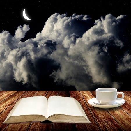 Open book and drink coffee at night, Read conceptの写真素材
