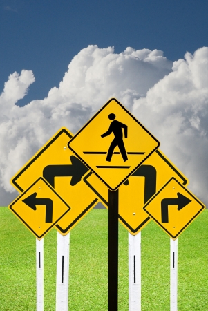 Confused road sign with outdoor backgroundの写真素材