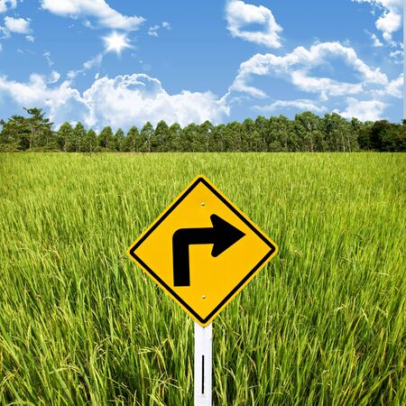  Turn right sign with rice field, Travel in countryside conceptの写真素材
