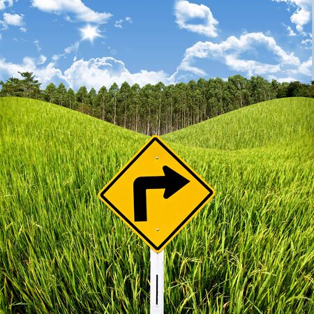 Travel in countryside concept, Turn right sign with rice fieldの写真素材