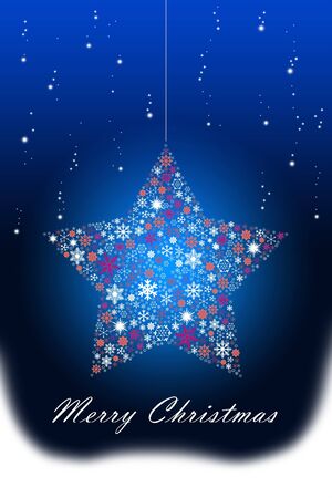 Colorful glowing Christmas star hanging with snow backgroundの写真素材