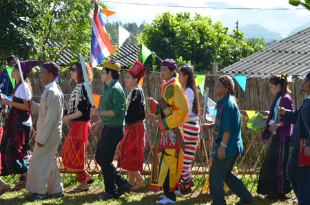CHIANG MAI, THAILAND - DECEMBER 5 : Manau traditional event of Kachin's tribe to worship God and wish The king of Thailand on 5 December 2012 at Banmai Samahki, Chiang Dao, Chiang Mai, Thailandのeditorial素材