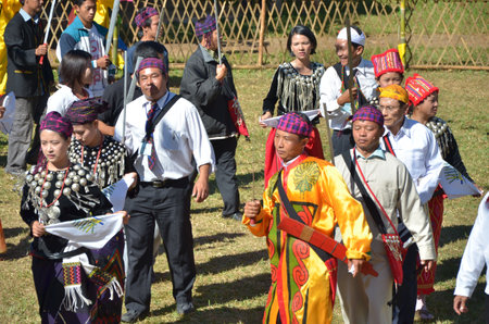CHIANG MAI, THAILAND - DECEMBER 5 : Manau traditional event of Kachin's tribe to worship God and wish The king of Thailand on 5 December 2012 at Banmai Samahki, Chiang Dao, Chiang Mai, Thailandのeditorial素材