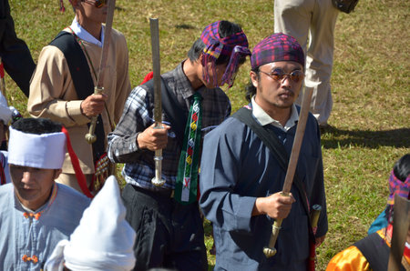 CHIANG MAI, THAILAND - DECEMBER 5 : Manau traditional event of Kachin's tribe to worship God and wish The king of Thailand on 5 December 2012 at Banmai Samahki, Chiang Dao, Chiang Mai, Thailandのeditorial素材
