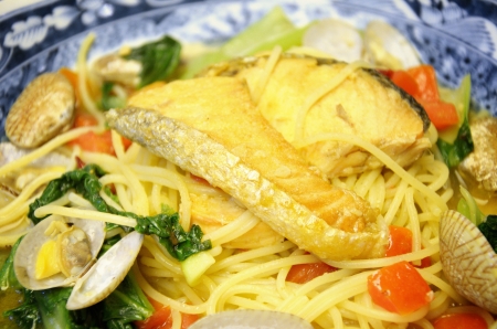Seafood spaghetti in Japanese styleの写真素材