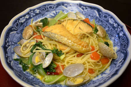Seafood spaghetti in Japanese styleの写真素材