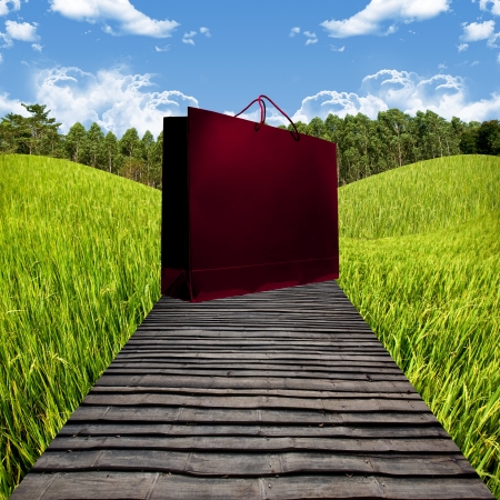 Shopping travel package concept, Shopping bag on nice landscapeの写真素材