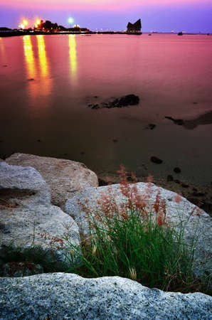 Grass and the wind blow with nice sunset sky and sea backgroundの写真素材