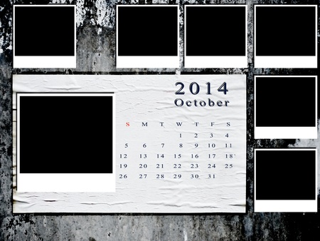 Calendar 2014 set with photo frame on grunge wallの写真素材
