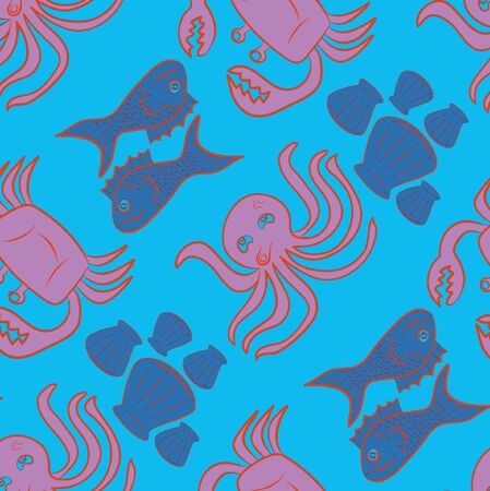 Sea animals pattern background, Sketch styleの写真素材