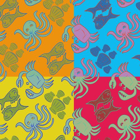Sea animals pattern background, Sketch styleの写真素材