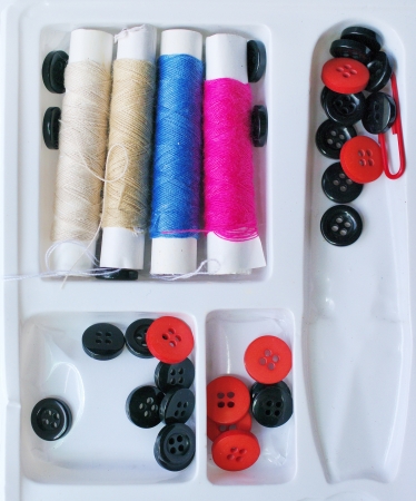 Thread and clasper in white plastic packageの写真素材