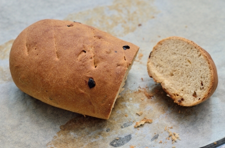 Homemade raisin bread in trayの写真素材