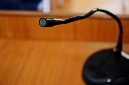 Microphone on wooden podiumの写真素材