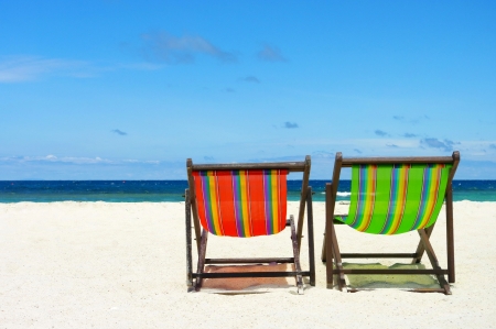 Beach chair on perfect tropical sand beach, Samui Island, Thailandの写真素材