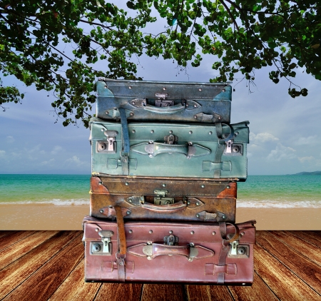 Travel bag on the beach, Tourism conceptの写真素材