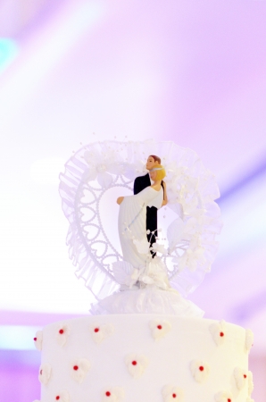 Wedding couple doll on top of wedding cakeの写真素材