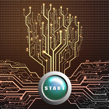 Start button on circuit board in Tree shape, Technology background の写真素材